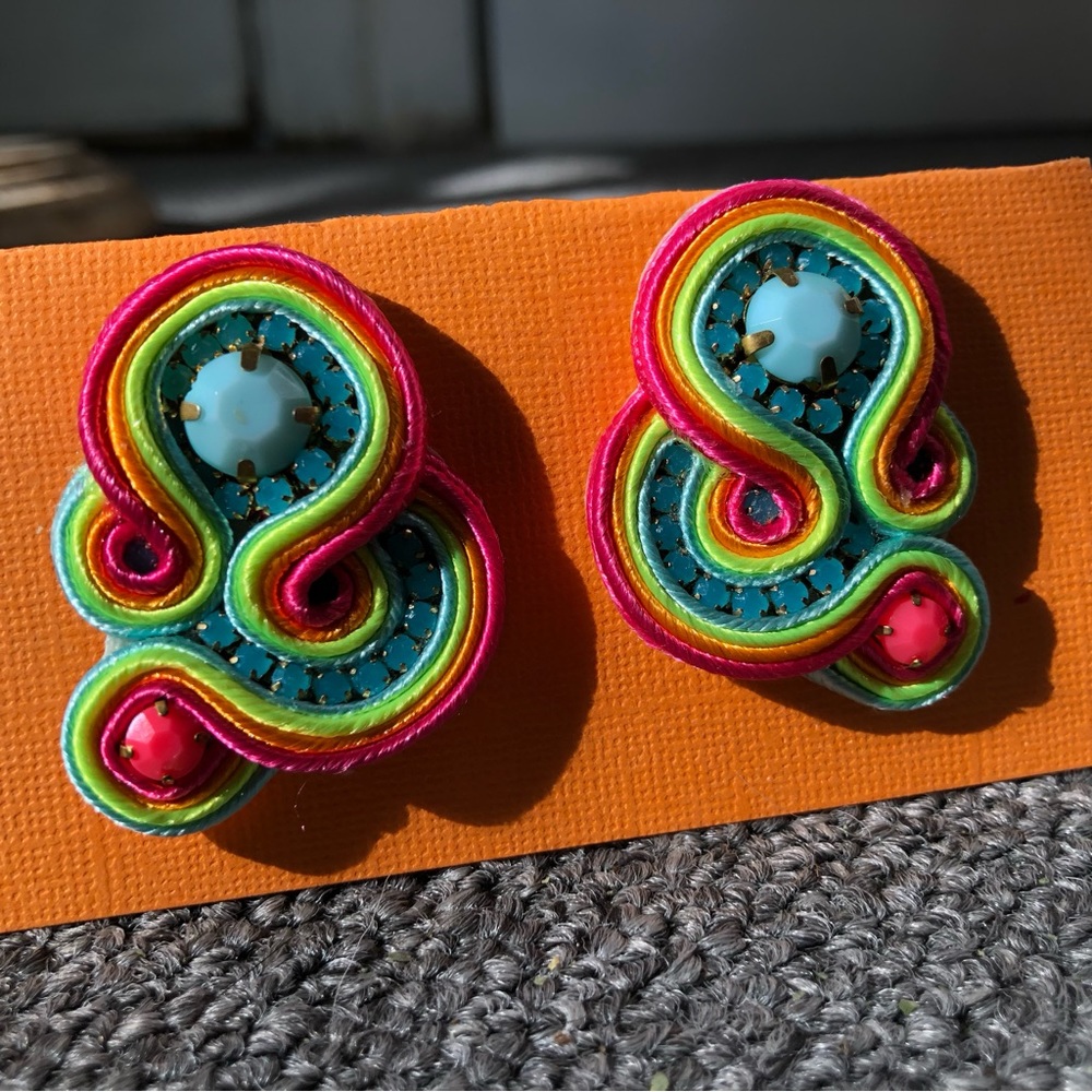 Bright abstract gemstone and cording earrings 2”